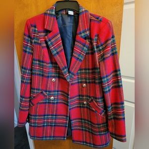 Double breasted red plaid wool holiday blazer. Size 12. Venus brand.